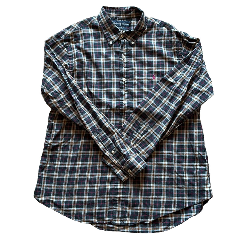 Ralph Lauren Mens XL Custom Fit Dark Green Plaid Shirt